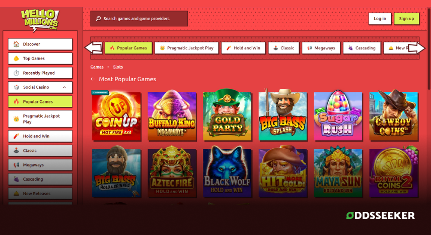A screenshot of the desktop casino games library page for Hello Millions